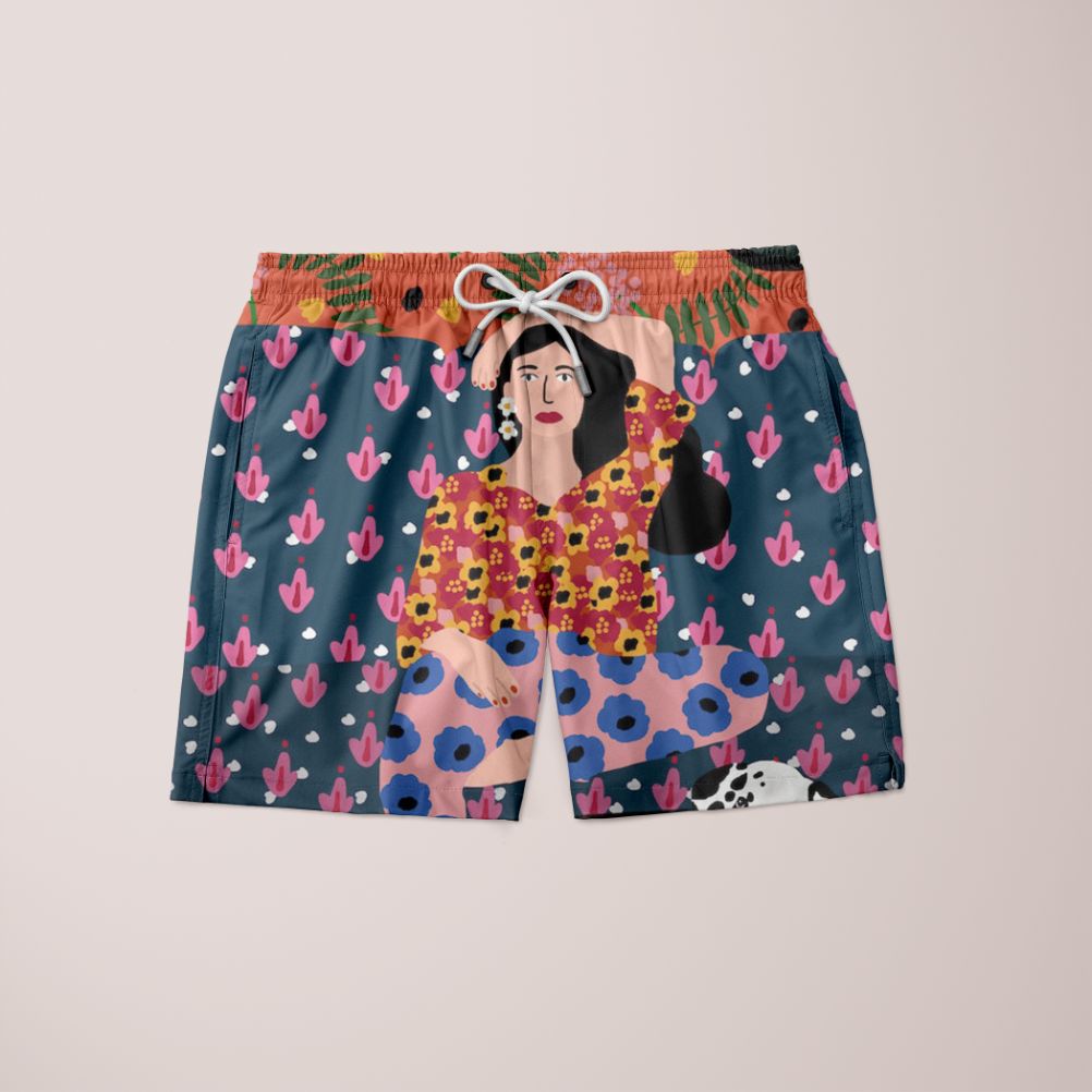 Stylish Girl In The Sofa Shorts featuring a unique full print design, made from 100% microfiber for comfort and durability.