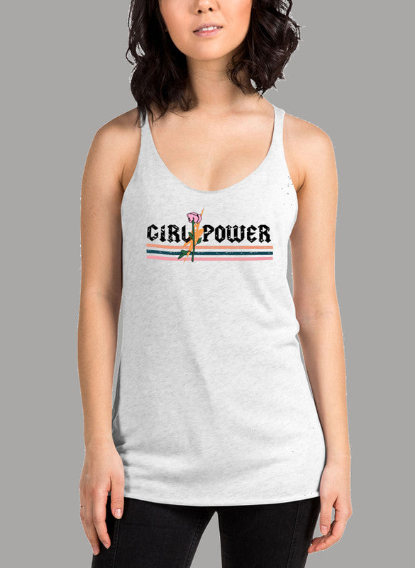 Girl Power Rose Women's Tank Top featuring a racer back style and curved hem, made from quick-drying Neoteric fabric.