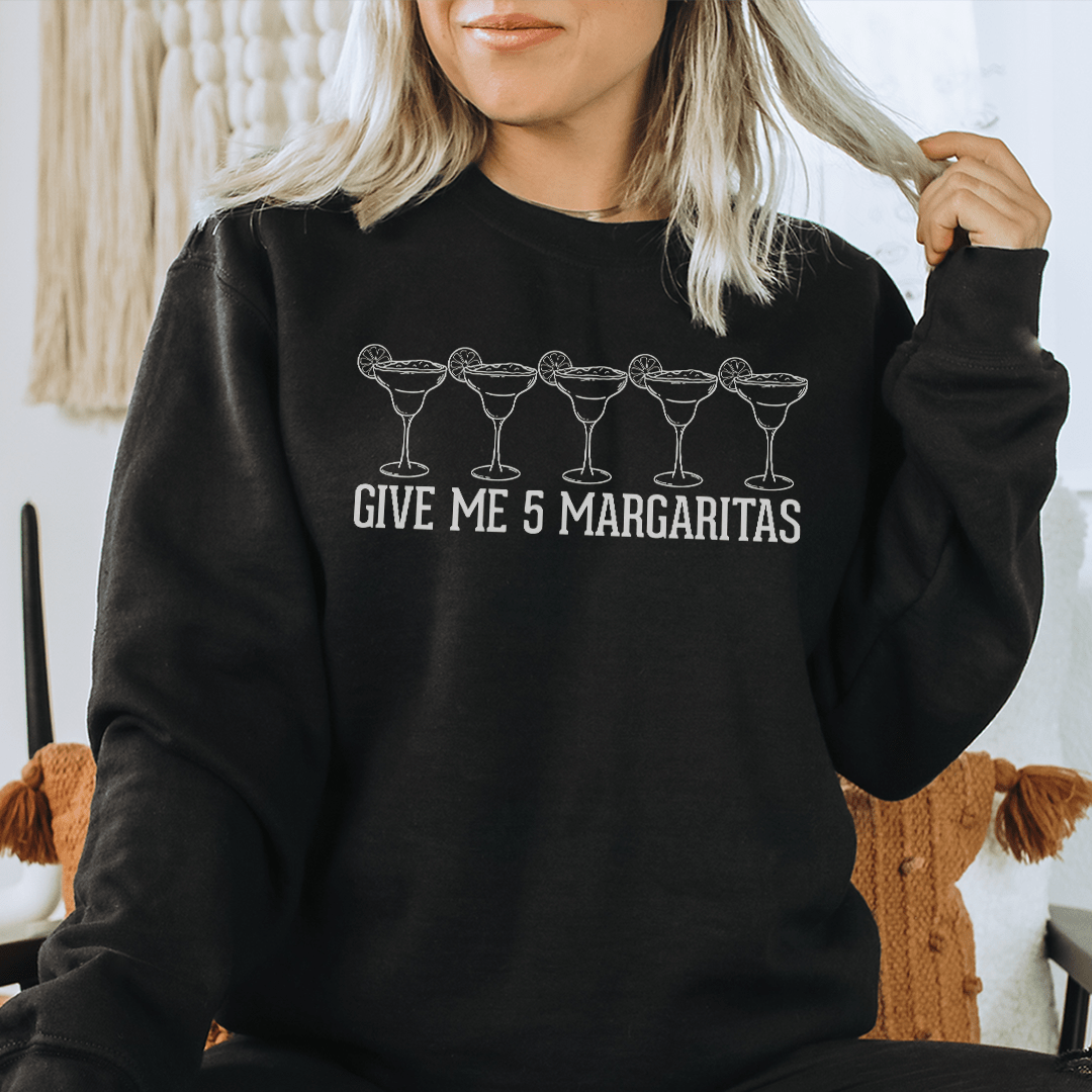 A stylish hoodie featuring the phrase 'Give Me 5 Margaritas', made from a cozy cotton/poly fleece blend, perfect for casual wear.