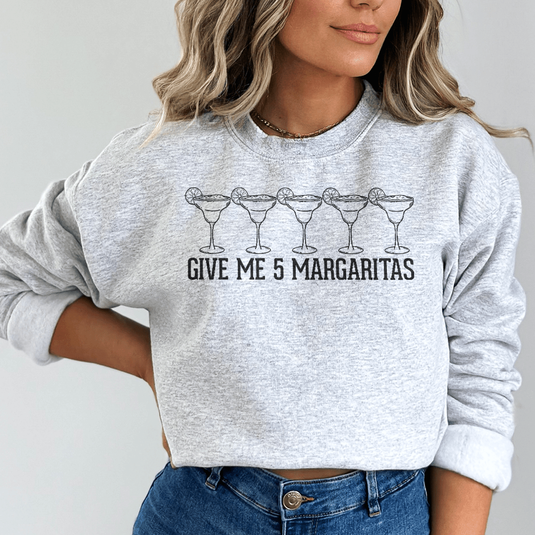 A stylish hoodie featuring the phrase 'Give Me 5 Margaritas', made from a cozy cotton/poly fleece blend, perfect for casual wear.