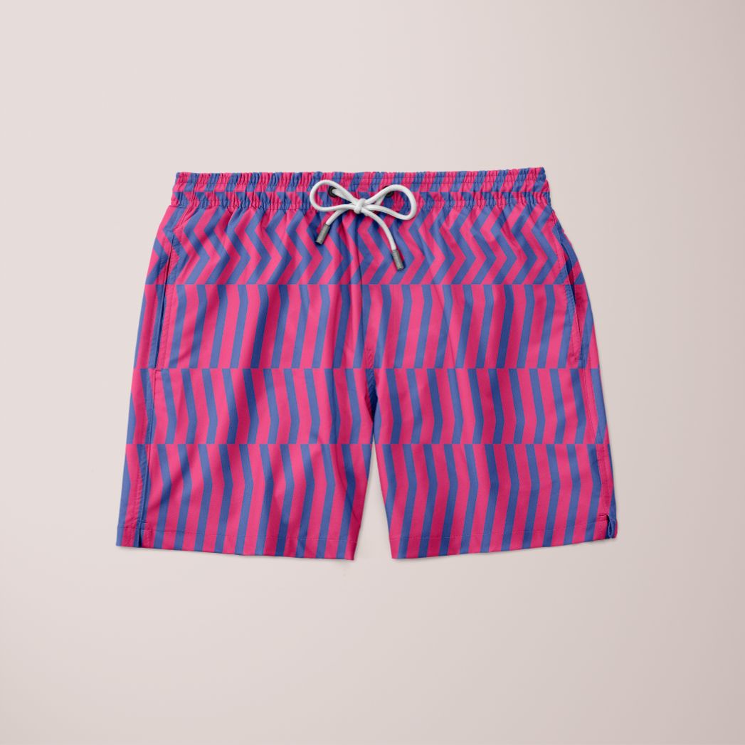 A pair of stylish Glitchwaves Shorts featuring a unique full print design, made from 100% microfiber, showcasing vibrant colors and patterns.