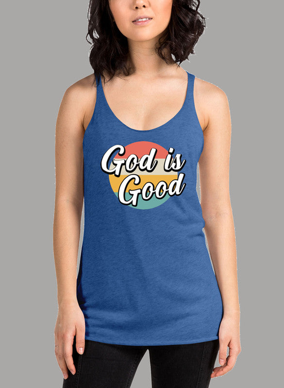 God Is Good Women's Tank Top featuring a racer back style and curved back hem, made from quick-drying Neoteric™ fabric.