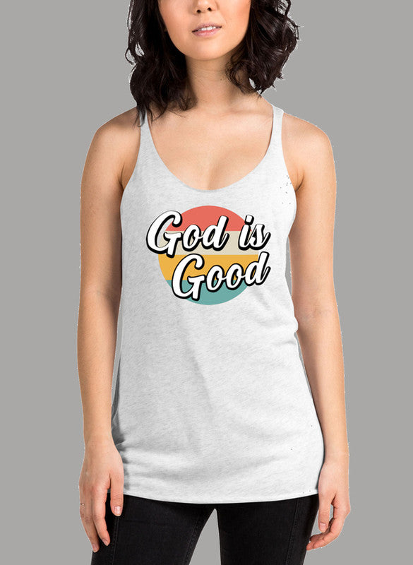 God Is Good Women's Tank Top featuring a racer back style and curved back hem, made from quick-drying Neoteric™ fabric.