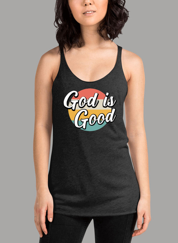 God Is Good Women's Tank Top featuring a racer back style and curved back hem, made from quick-drying Neoteric™ fabric.