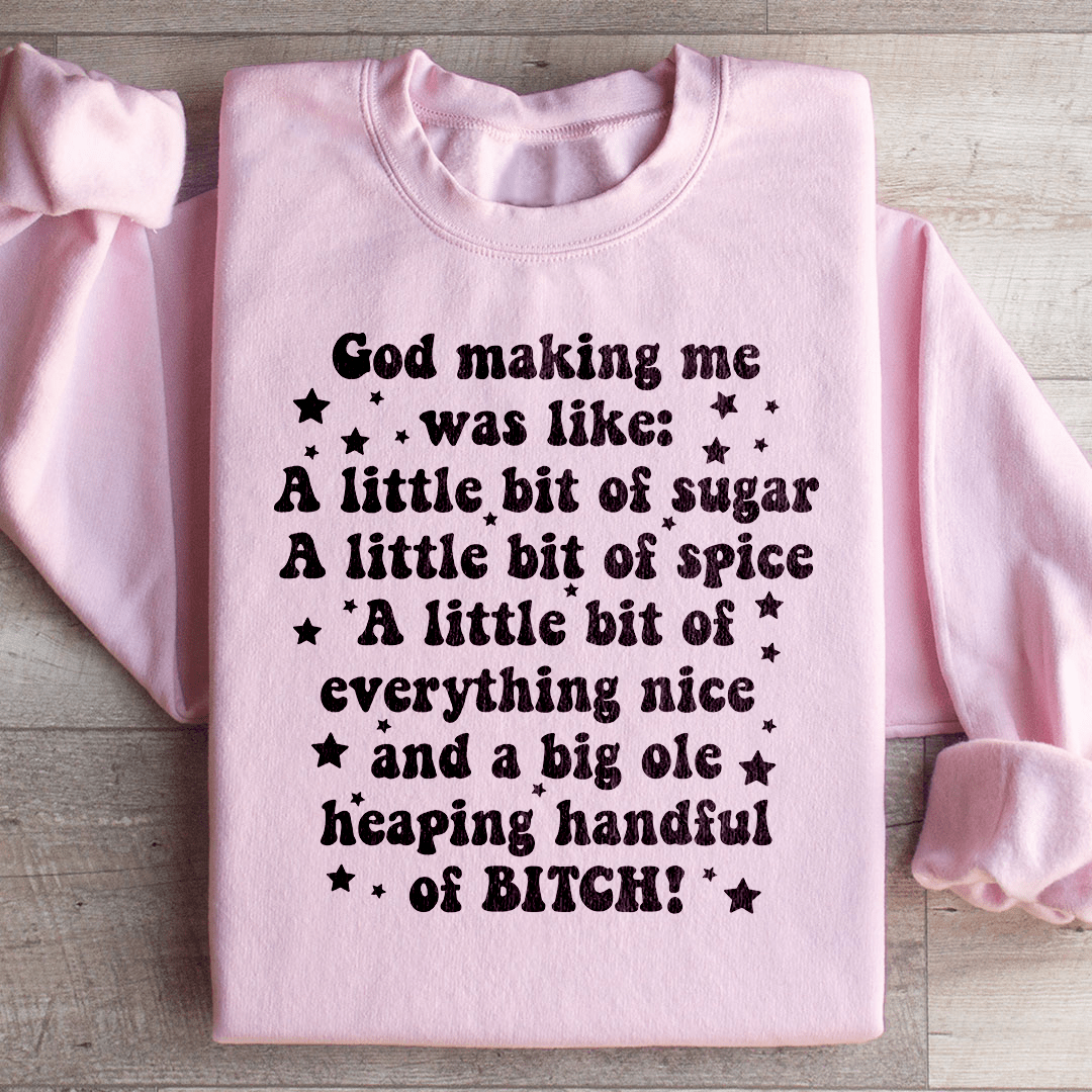 A cozy pair of God Making Me Was Like sweats featuring a unique artistic design, made from a warm cotton/poly fleece blend.