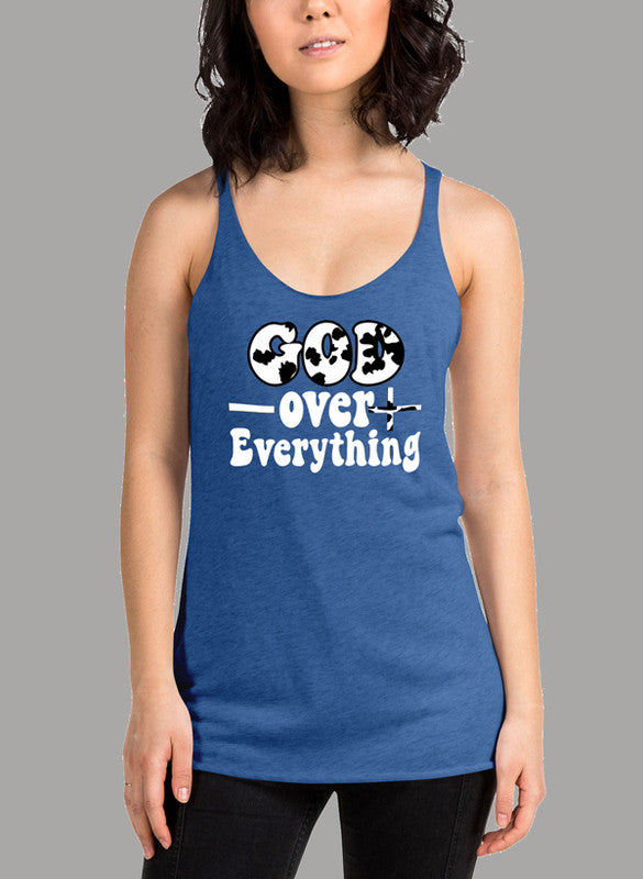 God Over Everything Women's Tank Top featuring a racer back design and curved hem, made from quick-drying Neoteric fabric.