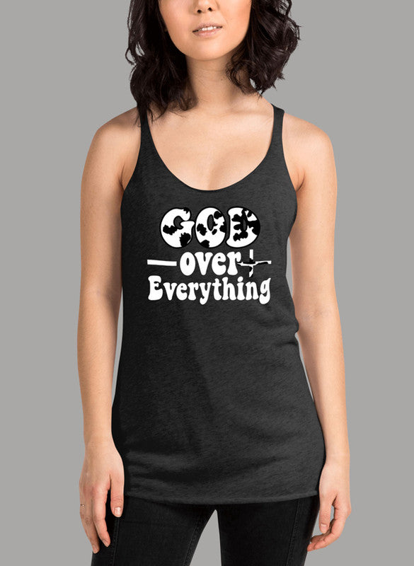 God Over Everything Women's Tank Top featuring a racer back design and curved hem, made from quick-drying Neoteric fabric.