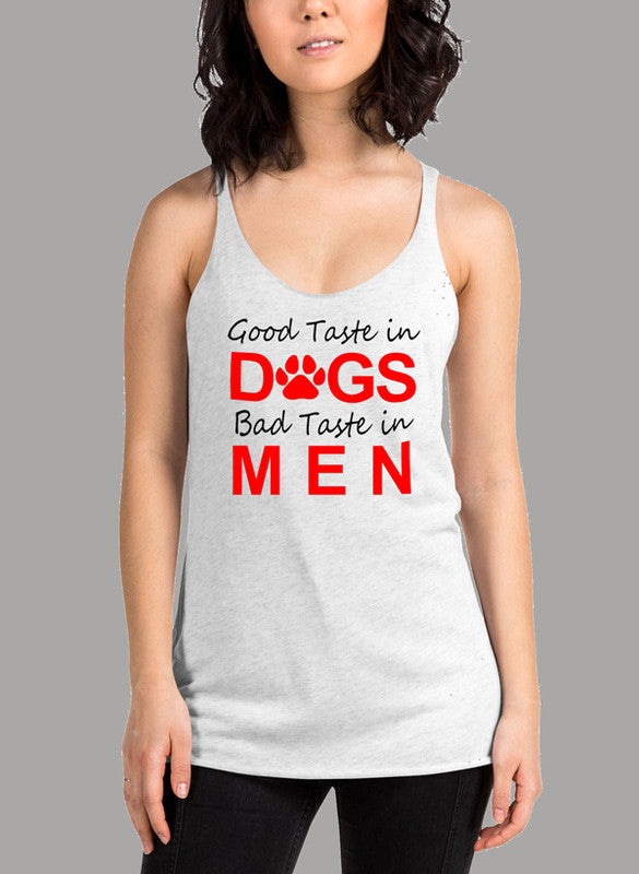 Black women's tank top featuring 'Good Taste In Dogs' design, racer back style, and curved hem for comfort.