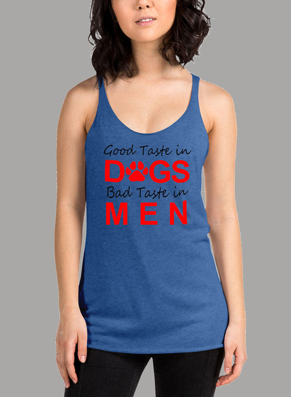 Black women's tank top featuring 'Good Taste In Dogs' design, racer back style, and curved hem for comfort.