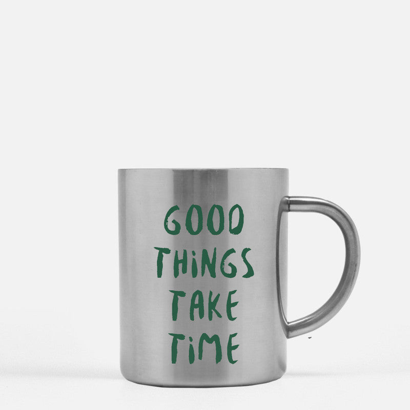 Good Things Take Time Gold & Silver Mug with elegant design and gold metallic coating, perfect for stylish beverage enjoyment.