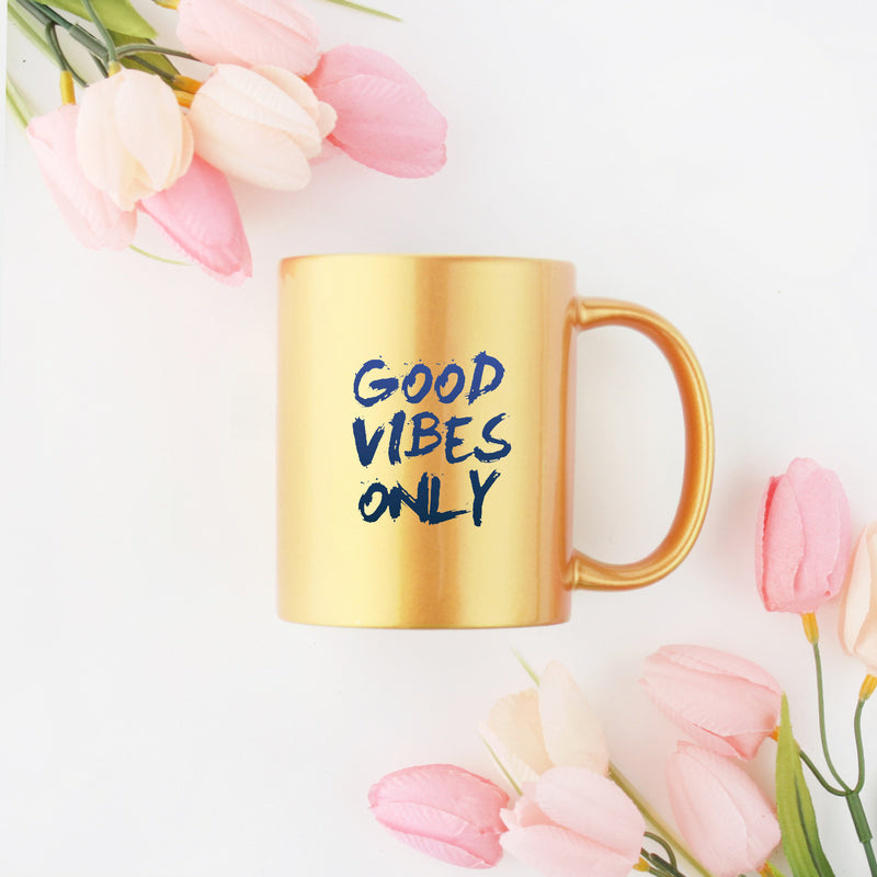 Good Vibes Only Gold & Silver Mug with elegant design and metallic finish, perfect for enjoying beverages.