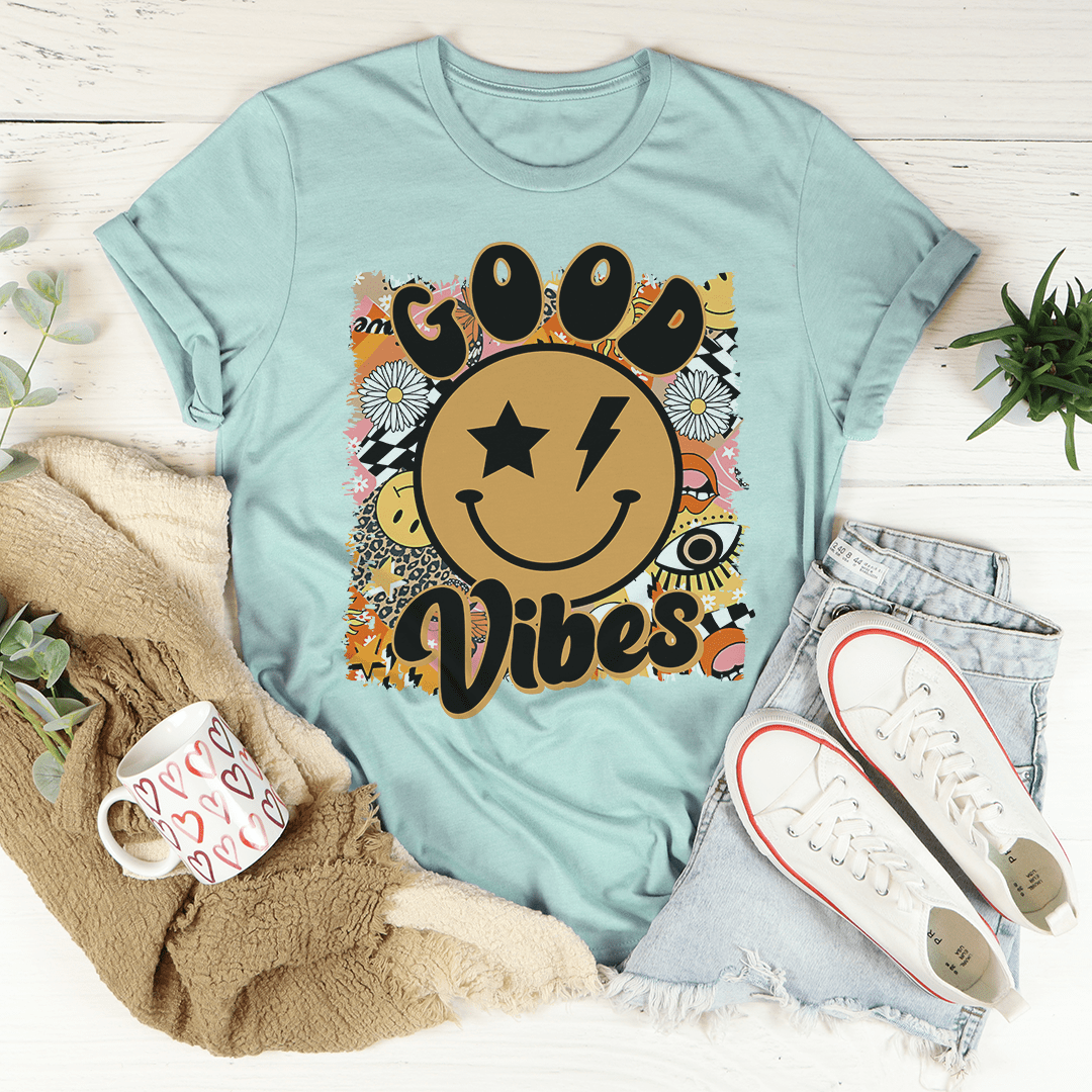 Good Vibes Tee made from soft ring-spun cotton, featuring durable double stitching and a comfortable fit.