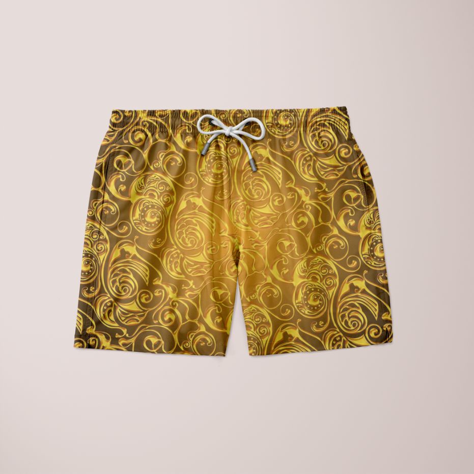 Stylish Gold Pattern Shorts made from 100% microfiber, featuring a unique full print design and mirrored back.