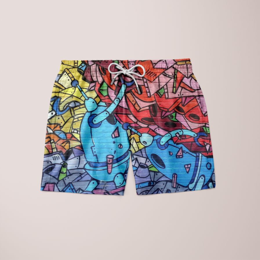 A pair of stylish Graffiti Shorts featuring a vibrant full print design, made from 100% microfiber material, showcasing comfort and durability.