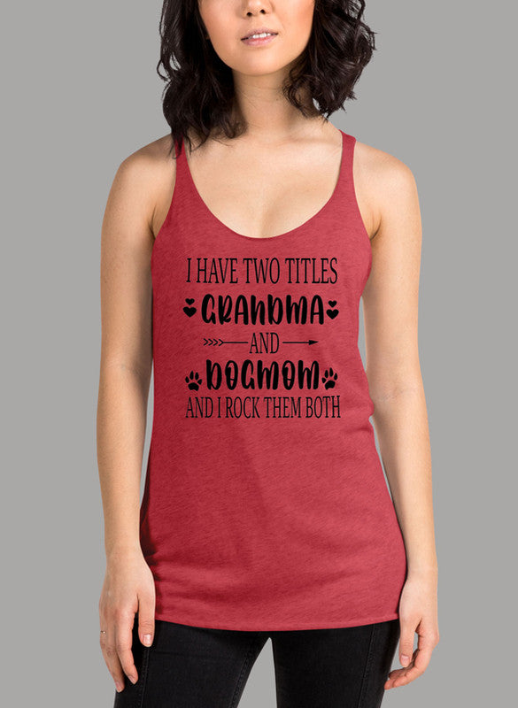 Black women's tank top featuring 'Grandma Dogmom' design, racer back style, and curved hem for comfort.