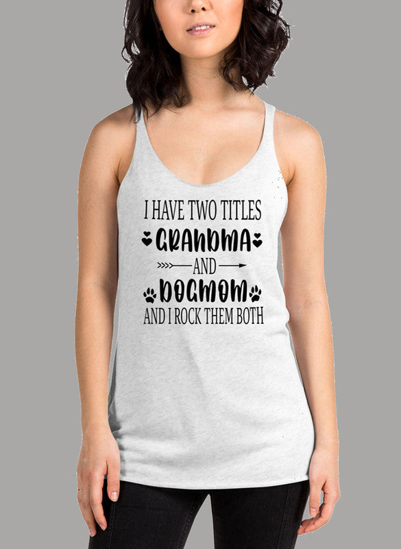 Black women's tank top featuring 'Grandma Dogmom' design, racer back style, and curved hem for comfort.