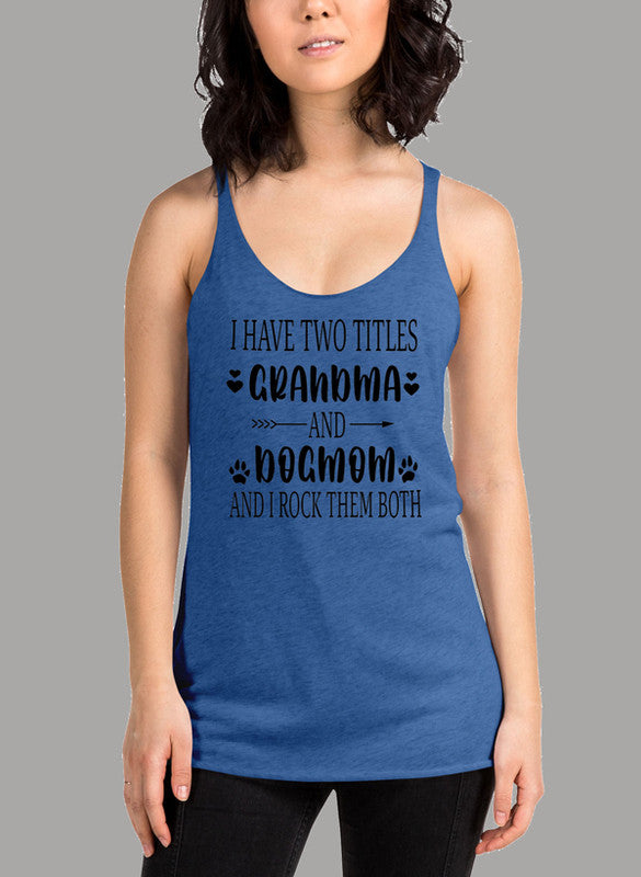 Black women's tank top featuring 'Grandma Dogmom' design, racer back style, and curved hem for comfort.