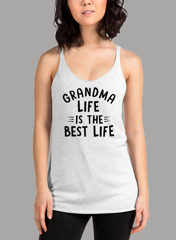 GRANDMA LIFE IS THE Women's Tank Top featuring a racer back style and curved hem in a vibrant color.