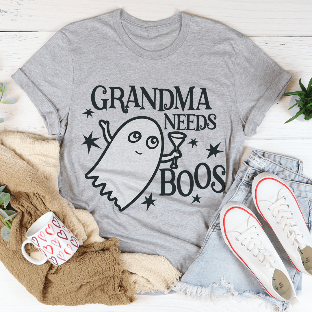 A comfortable Grandma Needs Boos Tee made from soft ring-spun cotton, featuring double stitching for durability and a fun design.