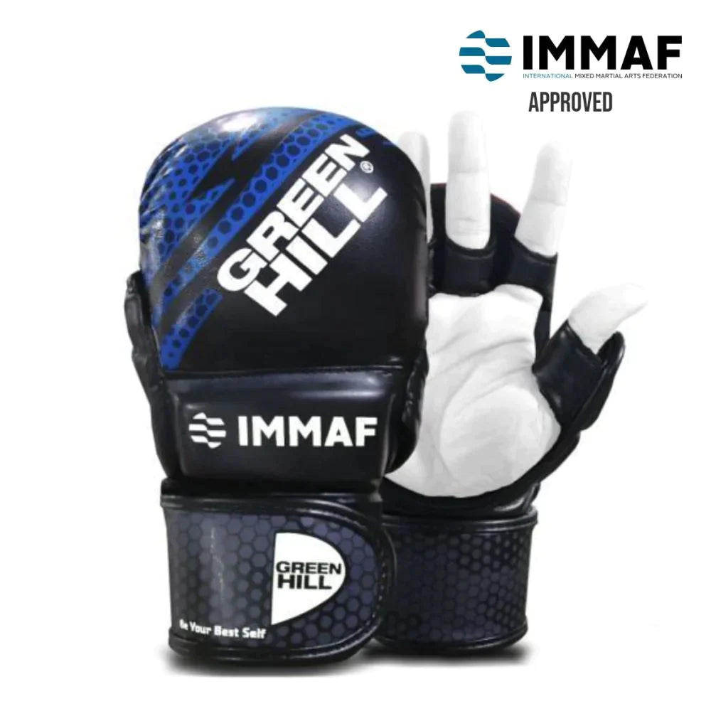 GREEN HILL IMMAF APPROVED MMA GLOVES in blue, showcasing high-quality synthetic leather and padded knuckles for protection.