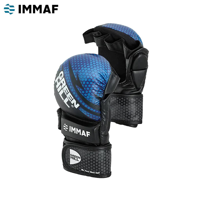 GREEN HILL IMMAF APPROVED MMA GLOVES in blue, showcasing high-quality synthetic leather and padded knuckles for protection.