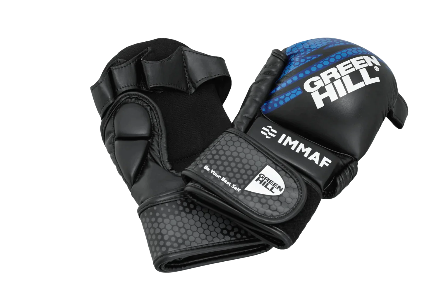 GREEN HILL IMMAF APPROVED MMA GLOVES in blue, showcasing high-quality synthetic leather and padded knuckles for protection.