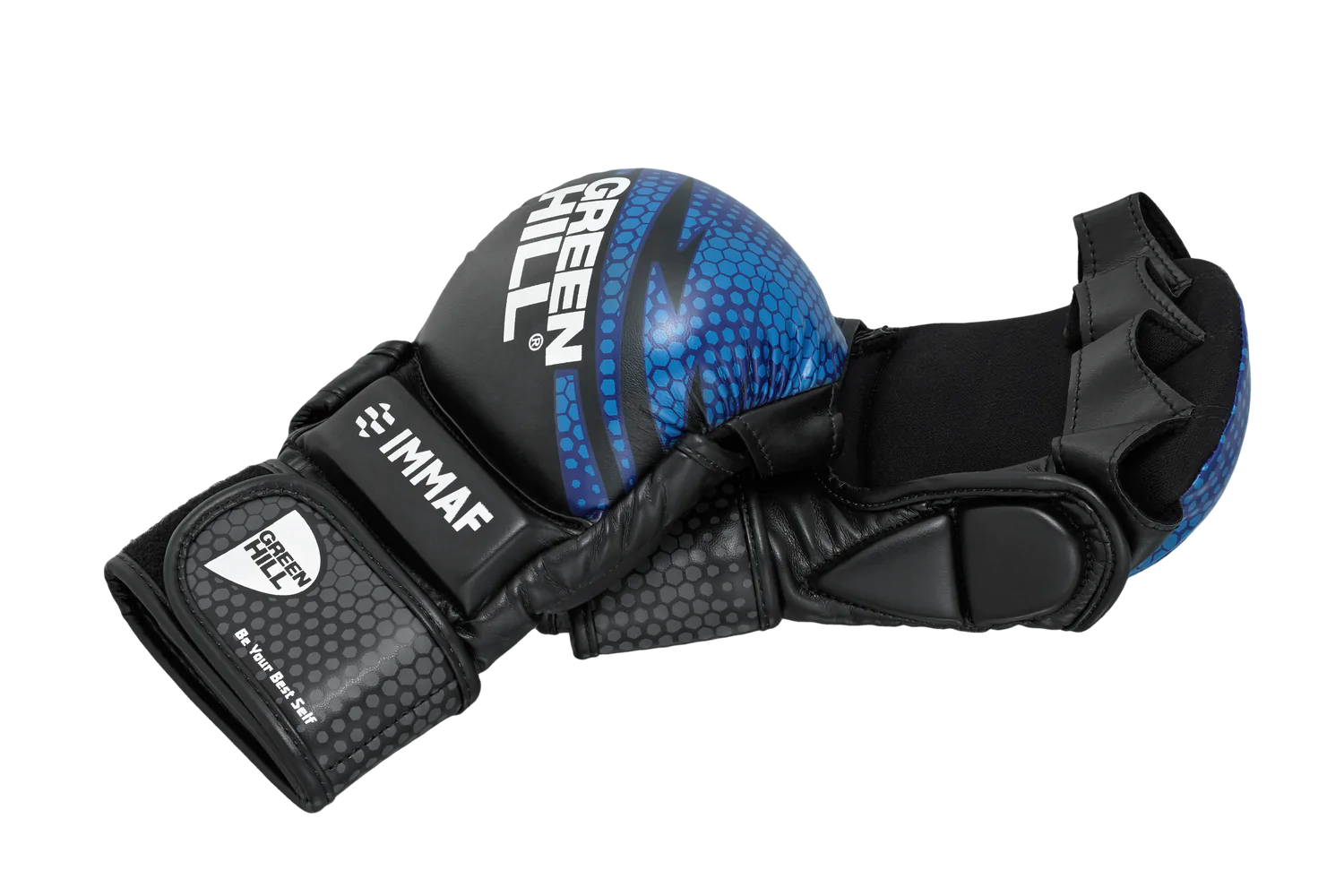 GREEN HILL IMMAF APPROVED MMA GLOVES in blue, showcasing high-quality synthetic leather and padded knuckles for protection.