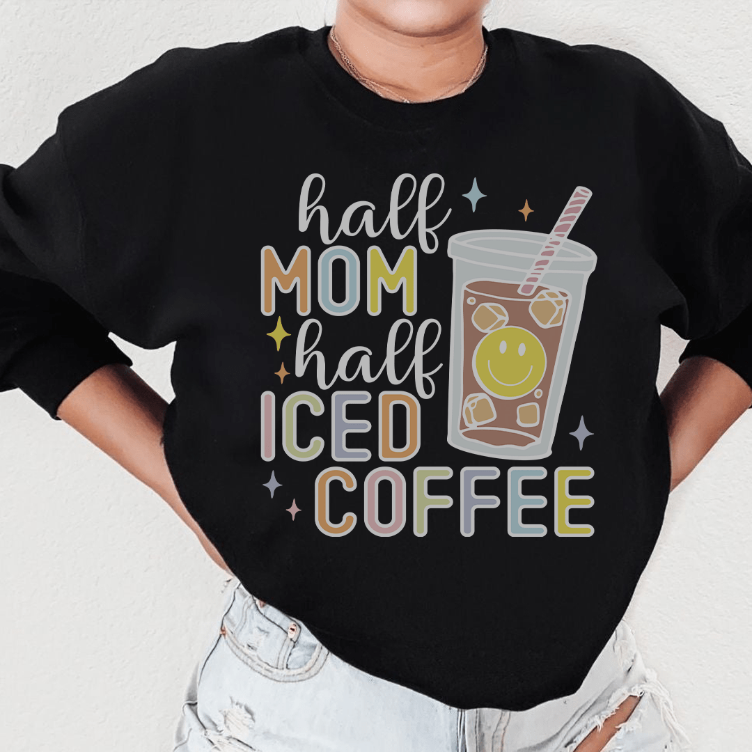 Half Mom Half Iced Coffee hoodie featuring a cozy fleece lining and adjustable cuffs, perfect for coffee lovers.