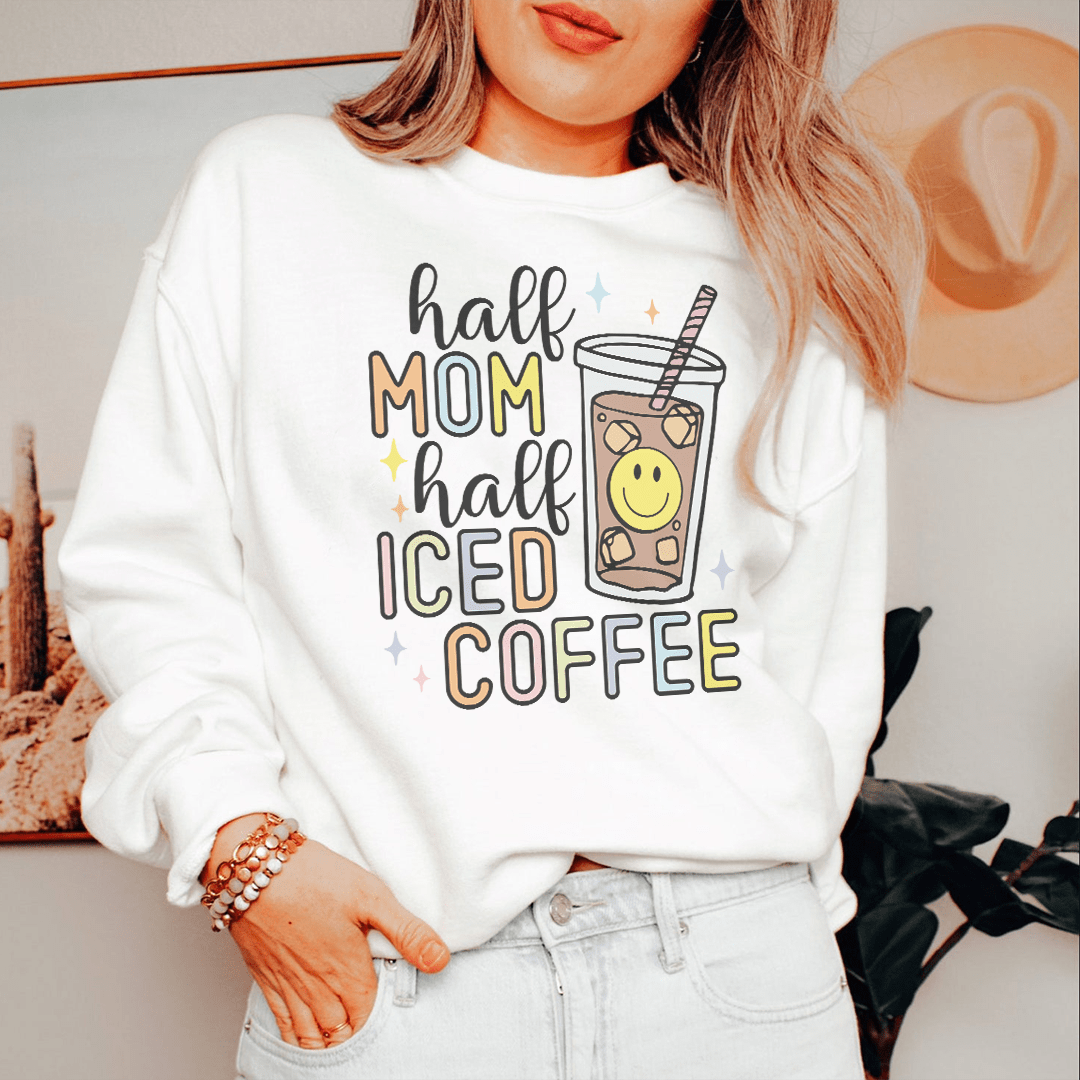 Half Mom Half Iced Coffee hoodie featuring a cozy fleece lining and adjustable cuffs, perfect for coffee lovers.