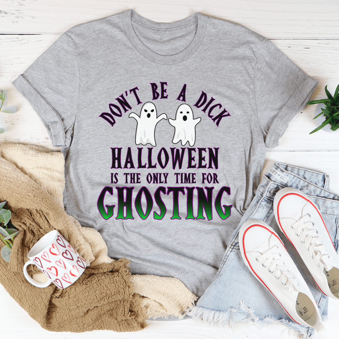 A stylish Halloween-themed t-shirt featuring a playful ghost design, made from soft ring-spun cotton with double stitching for durability.