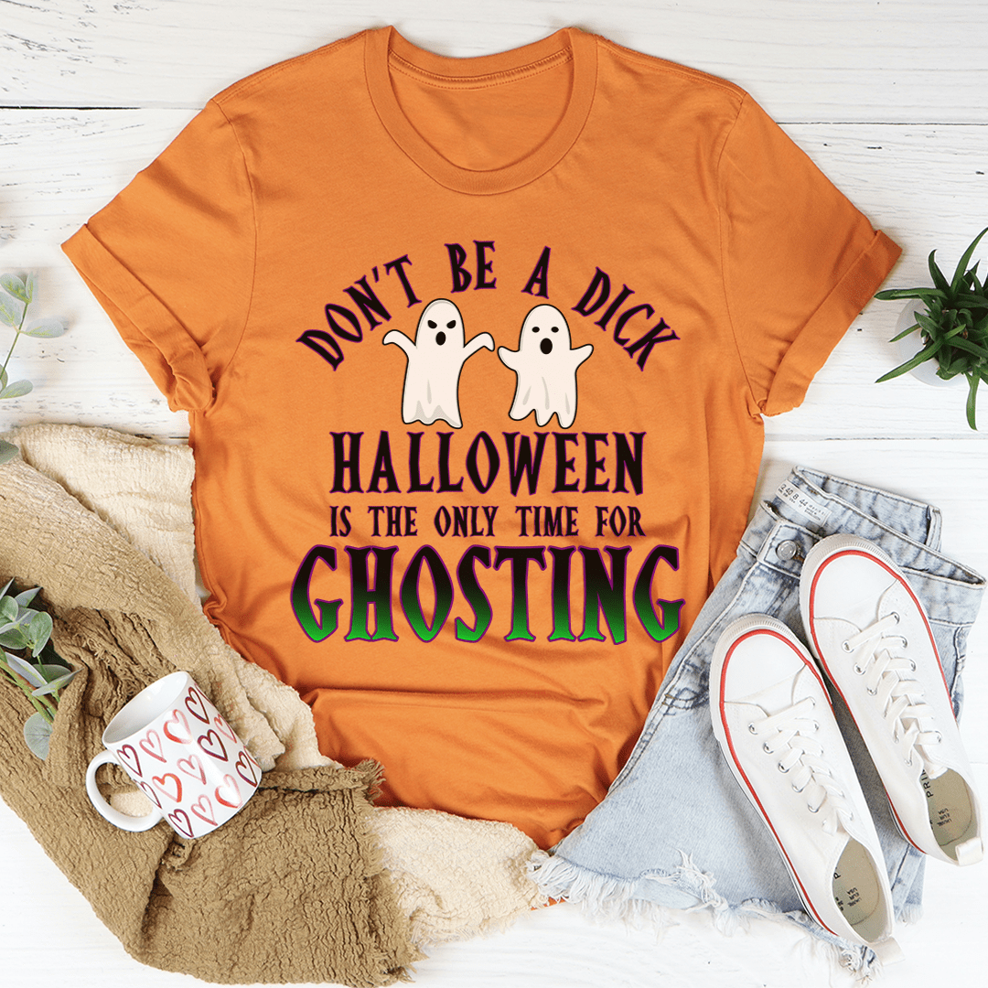 A stylish Halloween-themed t-shirt featuring a playful ghost design, made from soft ring-spun cotton with double stitching for durability.