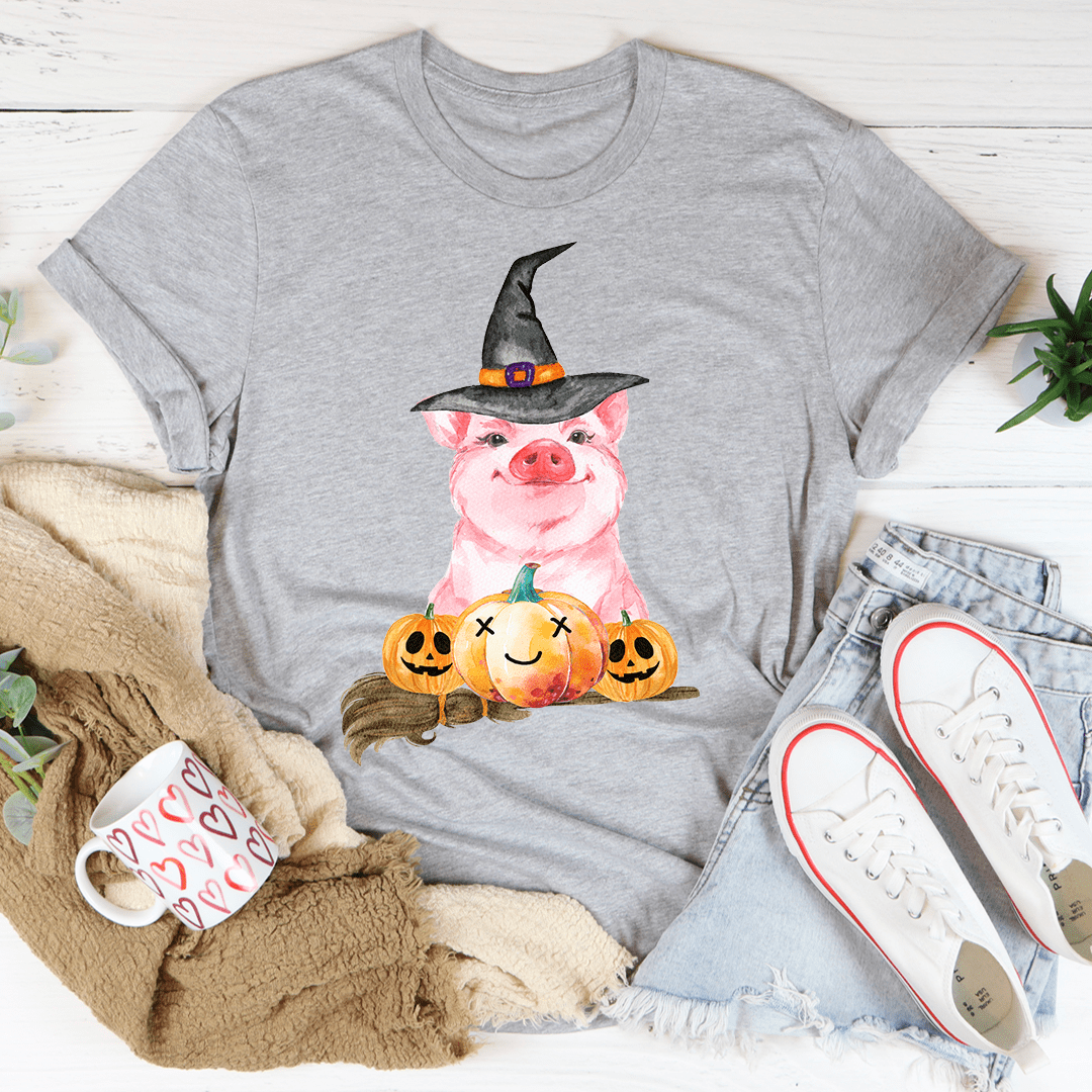 A cozy Halloween Pig Tee featuring a playful pig design, perfect for Halloween celebrations.