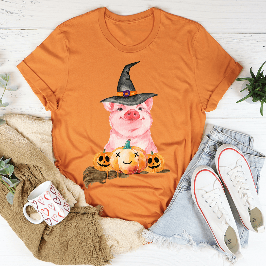 A cozy Halloween Pig Tee featuring a playful pig design, perfect for Halloween celebrations.