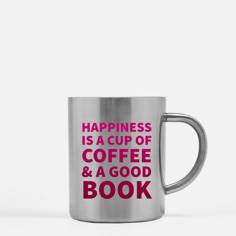 Elegant gold and silver ceramic mug with a motivational quote about coffee and books.