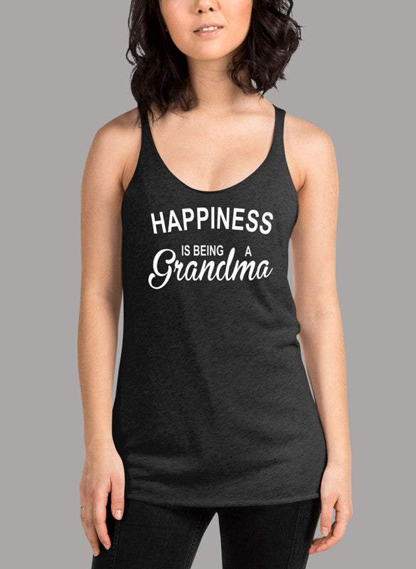 A stylish women's tank top featuring the phrase 'Happiness Is Being A Grandma', designed for comfort with a racer back style.