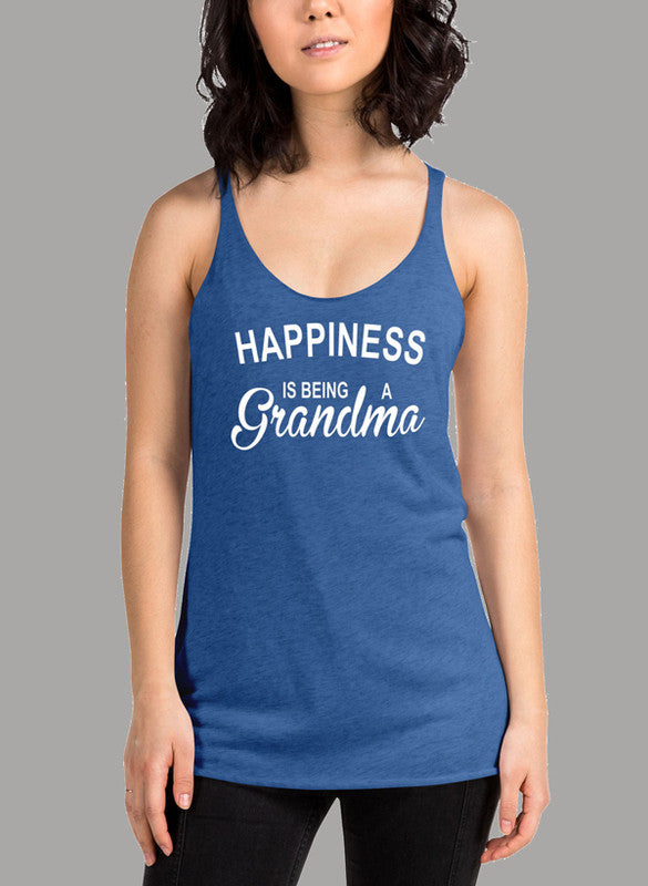 A stylish women's tank top featuring the phrase 'Happiness Is Being A Grandma', designed for comfort with a racer back style.