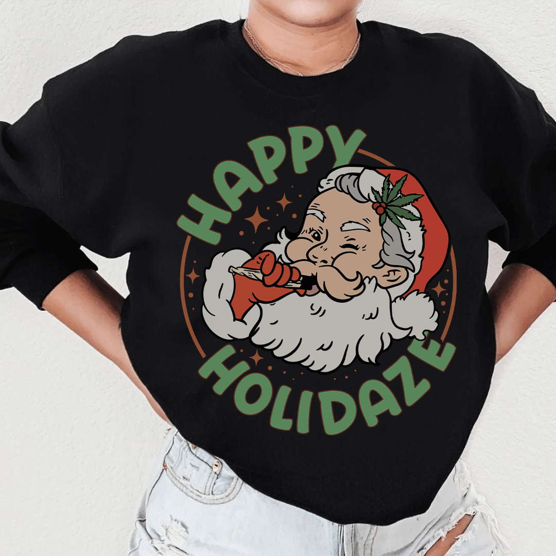 Happy Holidaze sweats featuring unique designs by top artists, made from cozy cotton/poly fleece blend.