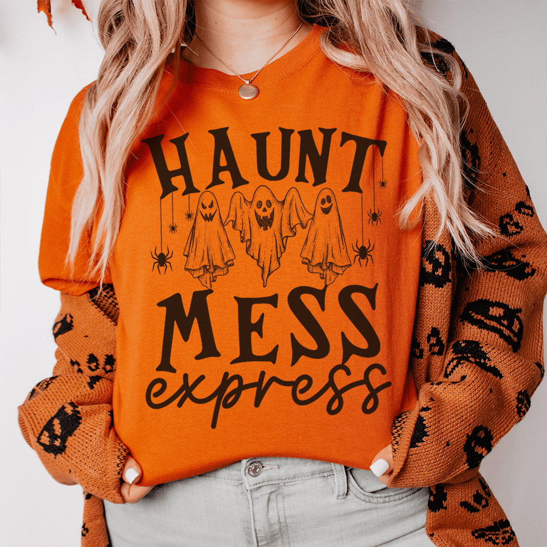 Haunt Mess Express T-Shirt in various colors, showcasing its soft fabric and durable stitching.