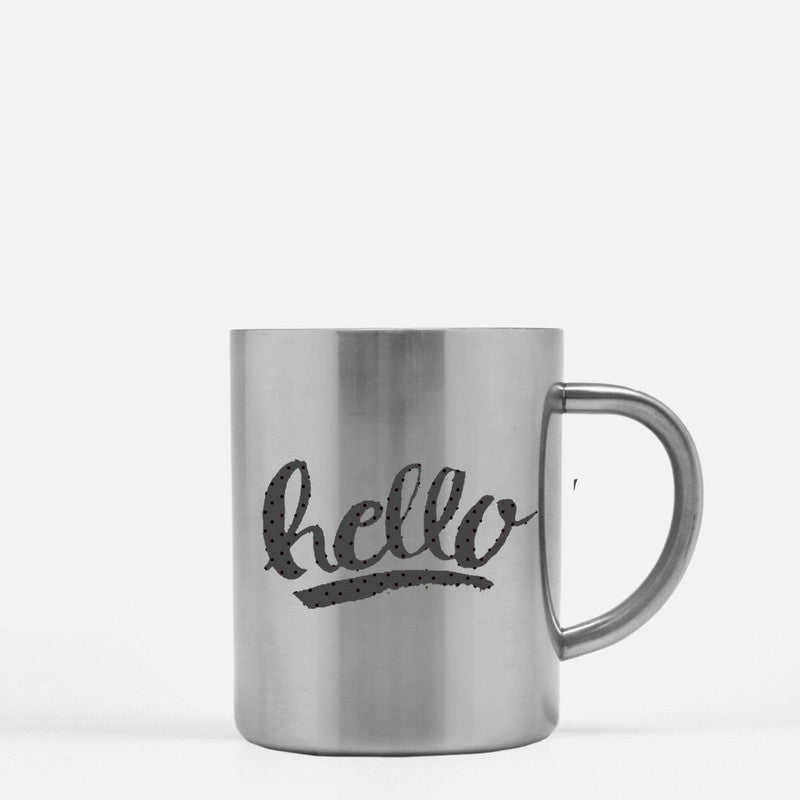 Hello Dots Yellow Hand Lettering Mug with gold and silver accents, showcasing a charming design on a ceramic surface.