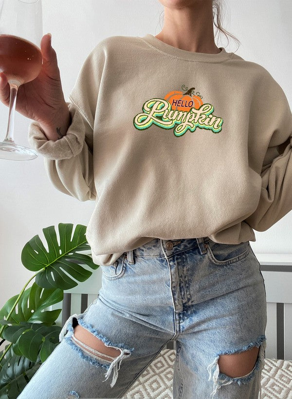 Hello Pumpkin Sweat Shirt featuring a cozy fleece lining and adjustable cuffs, perfect for autumn wear.