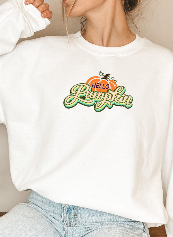 Hello Pumpkin Sweat Shirt featuring a cozy fleece lining and adjustable cuffs, perfect for autumn wear.