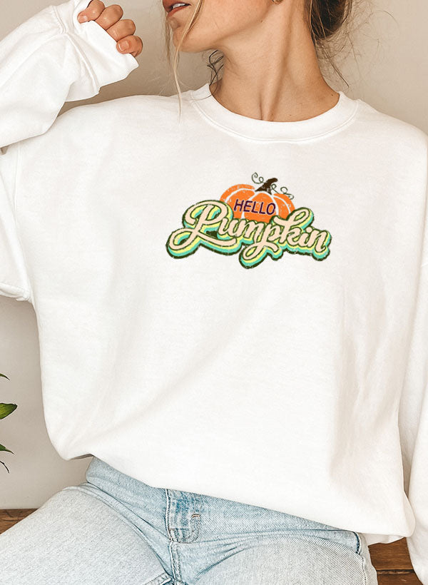 Hello Pumpkin Sweat Shirt featuring a cozy fleece lining and adjustable cuffs, perfect for autumn wear.