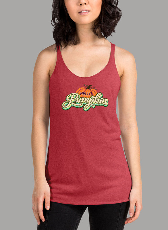 Hello Pumpkin Women's Tank Top featuring a racer back style and curved back hem in a vibrant color.