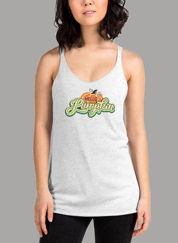 Hello Pumpkin Women's Tank Top featuring a racer back style and curved back hem in a vibrant color.