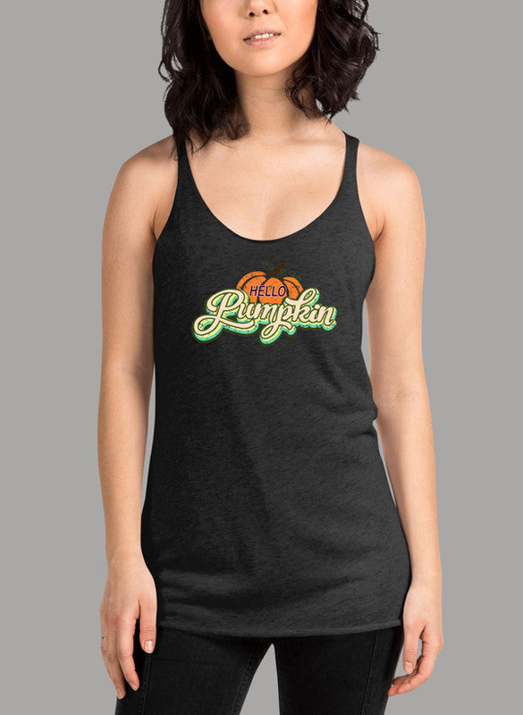 Hello Pumpkin Women's Tank Top featuring a racer back style and curved back hem in a vibrant color.