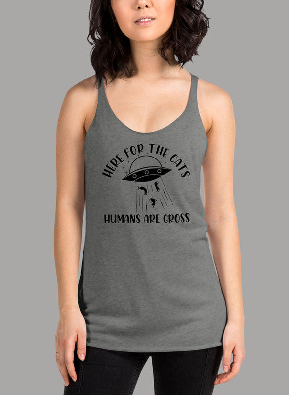 Black women's tank top featuring a racer back design and curved hem, ideal for cat lovers and active lifestyles.