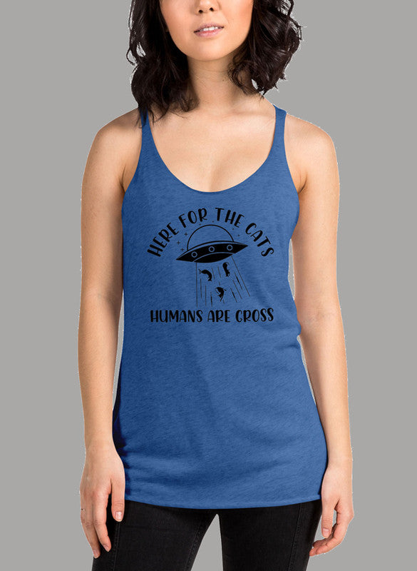 Black women's tank top featuring a racer back design and curved hem, ideal for cat lovers and active lifestyles.