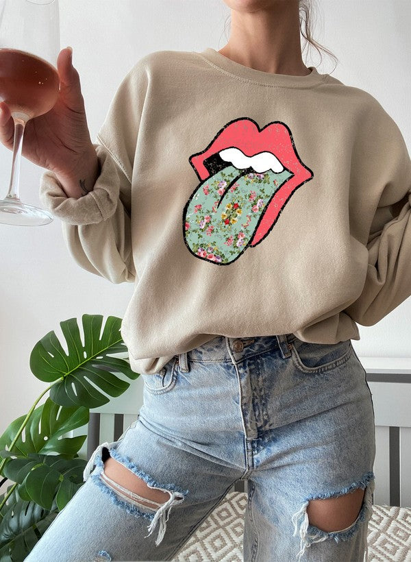 Hippie Floral Tongue Sweat Shirt featuring a vibrant floral design on a cozy fleece fabric.