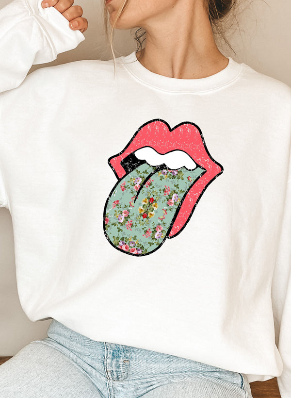 Hippie Floral Tongue Sweat Shirt featuring a vibrant floral design on a cozy fleece fabric.