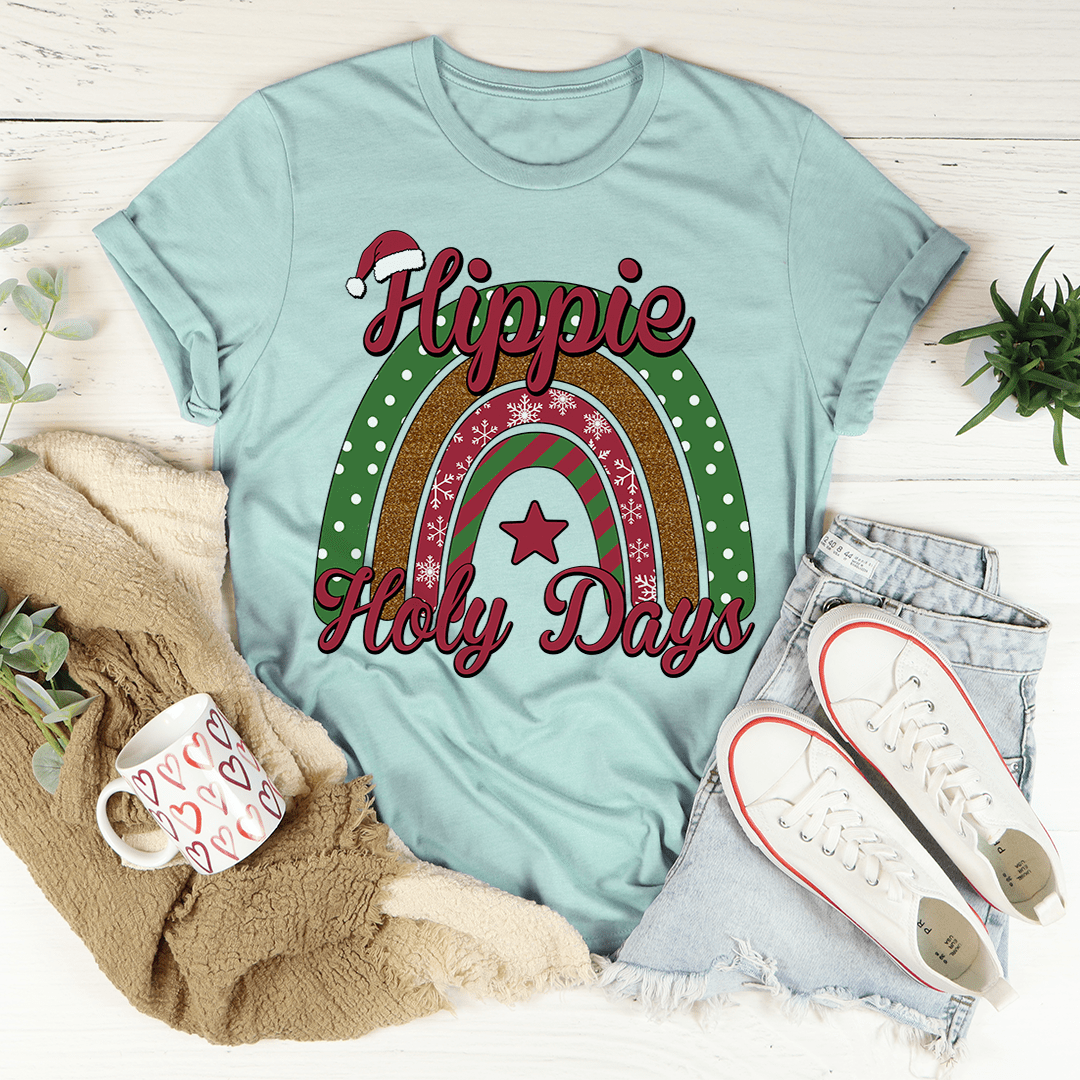 Hippie Holy Days Tee in various colors, showcasing its soft fabric and durable stitching.